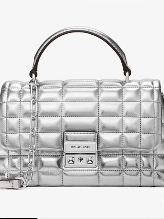 Michael Kors Metallic Silver Tribeca Quilted Top Handle Satchel - Picture 1 of 9